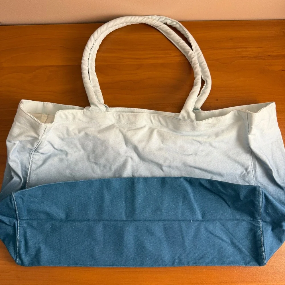 Athleta Ombre Tote Bag Teal Blue‎ White Canvas Beach Travel Everyday Carryall